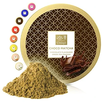 Afbeelding van Tea Uniqo Choco Matcha poeder, ideaal voor ijs, latte, shakes, om te bakken, koken of puur drinken, groene theepoeder met chocoladesmaak, 100% natuurlijk, in hersluitbare doos