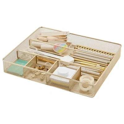 Afbeelding van Annova Desk Drawer Organizer Tray for Office Organization Metal Mesh Storage with Dividers Pens, Desktop Accessories, Bathroom, Kitchen, Makeup and Supplies (Large, Gold)