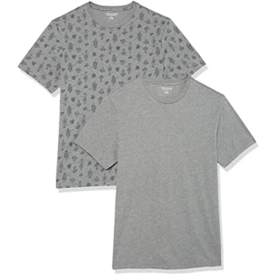 Afbeelding van Amazon Essentials Heren Slim Fit T shirt met korte mouwen en ronde hals, set van 2, grijs Heather/Cactus, S