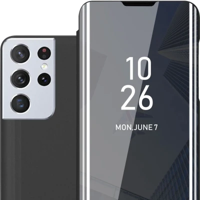 Afbeelding van Cadorabo Hoesje geschikt voor Samsung Galaxy S21 ULTRA in TOERMALIJN ZWART Clear View Spiegel Beschermende Case met Tribunefunctie 360 Graden Bescherming Book Cover Etui