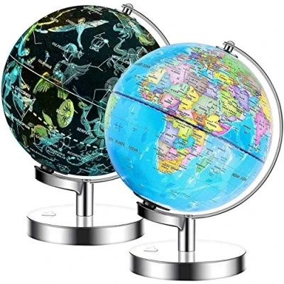 Afbeelding van Exerz Illuminated World Globe 23cm diameter metalen voet 2 in 1 Lichtkabel Gratis LED lamp Politieke Kaart/Sterren Dag en Nacht