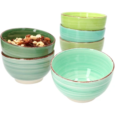 Afbeelding van MamboCat Green 6 delige set mueslikommen, groen, robuuste aardewerkkommen voor personen, mueslischaal en bijgerechtenschaal met wervelpatroon, groene muesli kom 650 ml, stuks
