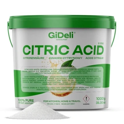 Afbeelding van GiDeli Citroenzuur levensmiddelenkwaliteit in poeder monohydraat 1000 g pure E330 kristallen reinigingskwaliteit ontkalker zuurmiddel ongezoet hersluitbare emmer 1 kg