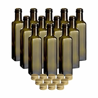 Afbeelding van gouveo Set van 12 glazen flessen, 250 ml, Maraska, antiek, met schroefsluiting, goudkleurig, lege fles, 0,25 l, om te vullen, fles voor likeur, jenever, azijn, olie