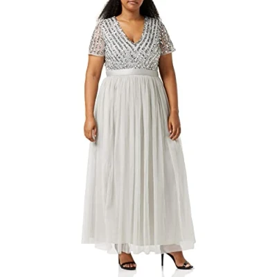 Afbeelding van Maya Deluxe Dames Maxi Jurk Bruidsmeisje V hals Baljurk Korte Mouwen Lange Elegante Empire Taille Bruiloft, Grijs, 36