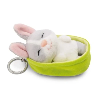 Afbeelding van sleutelhanger Sleeping Pets Konijn grijs 8cm mand groen Duurzame metgezel knuffeldierhanger met sleutelring voor sleutelkoord, tas, rugzak en meer