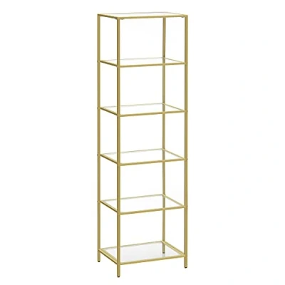 Afbeelding van VASAGLE glazen plank met 6 planken, slanke badkamerplank staande stalen frame voor badkamer woonkamer thuiskantoor slaapkamer goud LGT500A01