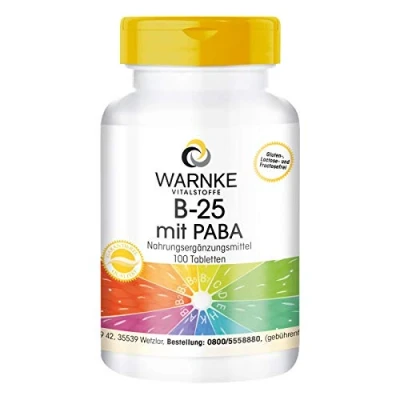 Afbeelding van Vitamine B complex 25 + PABA (Para aminobenzoëzuur) vitaminecomplex met foliumzuur biotine inositol hooggedoseerd 100 tabletten Warnke Vitalstoffe Duitse apothekerskwalitei