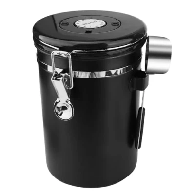 Afbeelding van Atliberswo Koffieblik (1,8 l), luchtdichte koffiehouder, roestvrij staal, met lepel van geschikt voor koffiebonen, theebladeren, noten enz. (zwart)