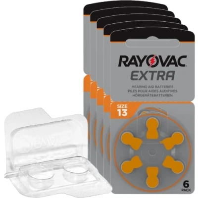 Afbeelding van Rayovac Extra Advanced 13 gehoorapparaatbatterijen, 5 x 6 stuks in blisterverpakking PR48, oranje 24606, inclusief opbergdoos voor 2 gehoorapparaatbatterijen (10, 13, 312, 675), batterijbox