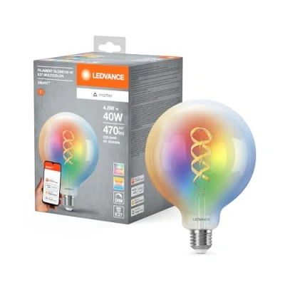Afbeelding van LEDVANCE SMART+ MATTER LED lamp, compatibel met Google, Alexa, Apple, wit glas, 4,8W, 470lm, E27 fitting, gekleurd licht &amp; licht, app of stembediening, levensduur tot 15.000 uur