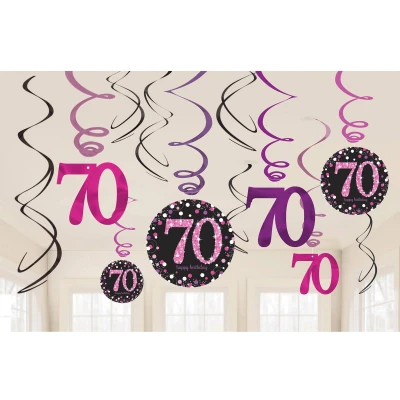 Afbeelding van Decoratie Swirls 70 jaar Sparkling Roze 12 stuks