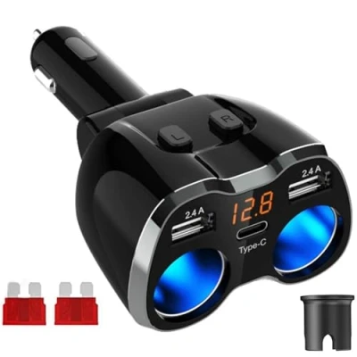Afbeelding van Auto Oplader USB C Sigarettenaansteker Adapter Type Autolader 2 Compartiment Socket 12V/24V DC 80W met LED Voltmeter Schakelaar Dubbele Poorten