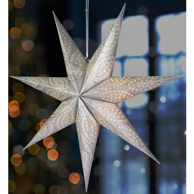 Afbeelding van BRUBAKER 60 cm Papieren Kerstster om op te Hangen Raam Adventster 3D Ster met E14 Voet Hangende Kerstdecoratie Lichtster 3,5 m Kabel Zilver