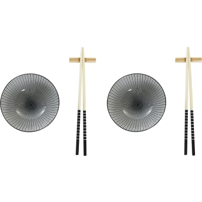 Afbeelding van 6 delige sushi serveer set aardewerk voor 2 personen zwart/wit Bordjes