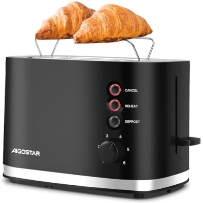 Afbeelding van Aigostar Energy Broodrooster met 2 sleuven geïntegreerd warmhoudrooster, extra brede sleuven, 6 bruiningsniveaus, 3 functies, ontdooien, kruimellade, BPA vrij, zwart