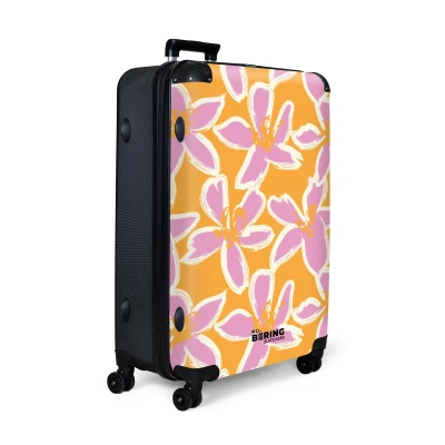 Afbeelding van NoBoringSuitcases.com® Koffer groot Reiskoffer lichtgewicht Oranje met roze bloemen Rolkoffer 4 wielen Grote trolley XL 98 liter bagage