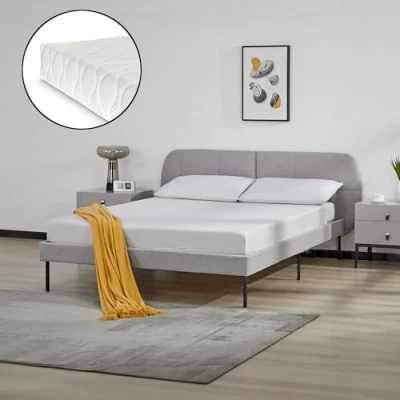 Afbeelding van Gestoffeerd bed Porvoo met bedbodem en matras 140x200 cm grijs [en.casa]