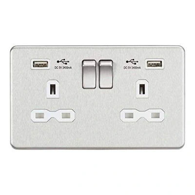 Afbeelding van Knightsbridge SFR9224BCW 2G schakelbare contactdoos met 2,4 A dubbele USB oplader, geborsteld chroom wit inzetstuk, 13