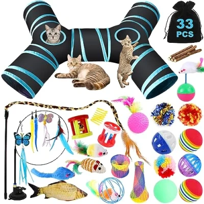 Afbeelding van TAVADA 33 stuks kattenspeelgoed,Kattenspeelgoedset met kattentunnel kattenspeelgoed set kattentunnel,Ballen,Grappige Kattenstok,Speelgoedmuizen