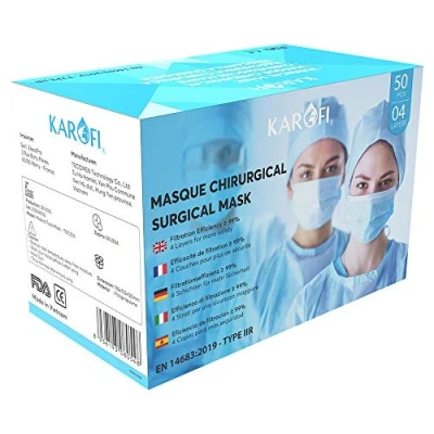 Afbeelding van KAROFI Medische chirurgische maskers TYPE IIR (II R 2R), getest en goedgekeurd, BFE &gt; 99%, 4 LAGEN, CE gecertificeerd EN14683 : 2019, doos met 50 stuks