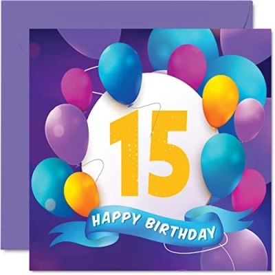 Afbeelding van 15e verjaardagskaart voor jongens meisjes ballonfeest gelukkige verjaardagskaarten 15 jaar oude tiener jongen meisje broer zus zoon dochter kleinzoon kleindochter, 145 mm x verjaardag wenskaarten cadeau