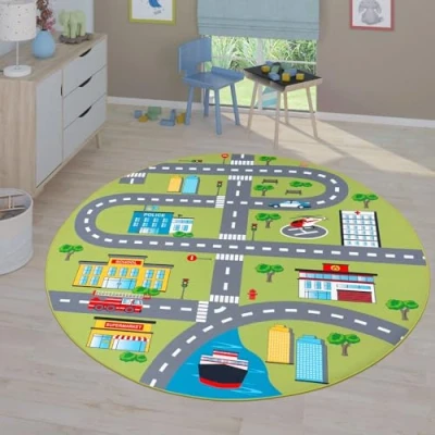 Afbeelding van Vloerkleed Kinderkamer Meisjes Jongens Antislip Modern Straat Autos, Kleur:Groen 2, Maat:160 cm Rund