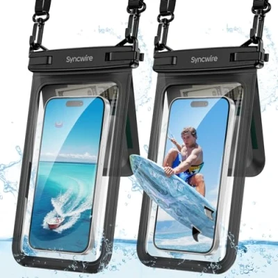 Afbeelding van SYNCWIRE Waterdicht telefoonhoesje, 2 pack IPX8 dubbele ruimte waterdichte telefoonhoes voor iPhone 15 14 13 12 Pro Max XR X SE 2022 8 Samsung S24 S23 S22 Ultra S21 telefoons onder 8,5 inch zwart