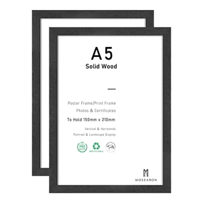 Afbeelding van ATOBART A5 zwarte houten posterlijst met plexi glass front fotolijst voor wandmontage (zwart hout, 15 x 21 cm, set van 2)