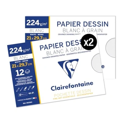 Afbeelding van Clairefontaine 96156AMZC Set van 2 schooltekenzakjes 12 vellen wit graan tekenpapier A4 21 x 29,7 cm 224 g ideaal voor kunstwerken