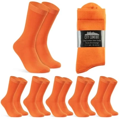 Afbeelding van CityComfort Lange herensokken, 6 of 12 stuks, zacht en ademend, Oranje verpakking van 6, 40 45