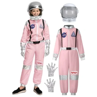 Afbeelding van Spooktacular Creations Roze astronautenkostuum voor meisjes, zilver gestreept ruimtepak met helm en handschoenen, astronautenpak kinderen, Halloween, feesten, cosplay (small (5 7 jaar))