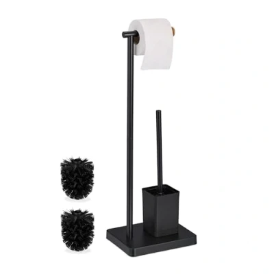 Afbeelding van Relaxdays toiletaccessoires set, HBD: ca. 66,5x23x18 cm, vrijstaande wc rolhouder, toiletborstel met houder, rvs, zwart