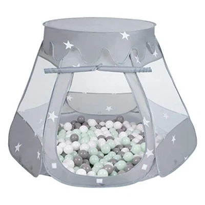Afbeelding van SELONIS Baby speeltent met plastic ballen, tent 105 x 90 cm / 200 ballen voor kinderen, grijs: wit, grijs, mint