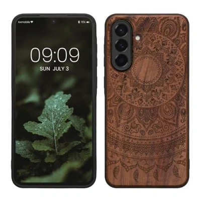 Afbeelding van kwmobile telefoonhoesje geschikt voorSamsung Galaxy A56 5G Hoesje met bumper hout In donkerbruin Indian Sun design