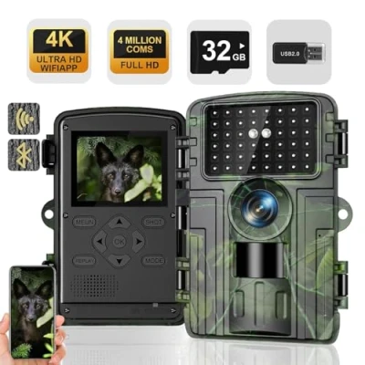 Afbeelding van wildcamera, 4K video 60 MP Full HD WLAN met mobiele telefoon app, bewegingssensor, nachtzicht, 0,1 s activeringstijd, infrarood wildcamera 32G geheugenkaart en kaartlezer, IP66