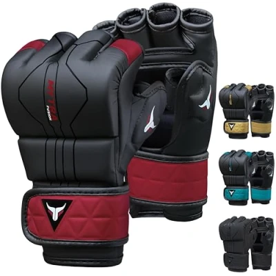 Afbeelding van Mytra Fusion MMA handschoenen met open geventileerde palm sparring kickboksen, grappling, training, kooi vechtende gemengde vechtsporten (Black/Maroon, L)