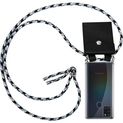 Afbeelding van Cadorabo Hoesje geschikt voor Samsung Galaxy A21s in ZWARTE CAMOUFLAGE Silicone Mobiele telefoon ketting beschermhoes met zilveren ringen, koordriem en afneembaar etui