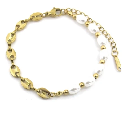 Afbeelding van Armband Dames RVS Parels Schakels Lengte Verstelbaar Goudkleurig