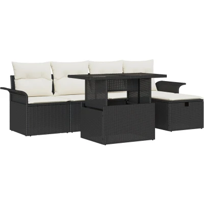 Afbeelding van vidaXL 6 delige Tuin Sofa Set met Kussens Zwart Poly Rattan, 2 Zits Opslag &amp; Rattan