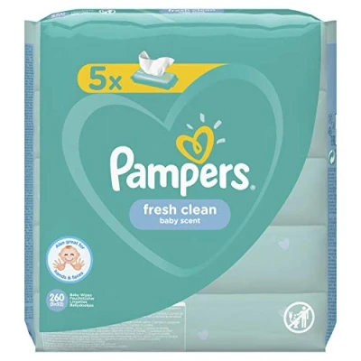 Afbeelding van Pampers Fresh Clean Baby vochtige doekjes, 260 doekjes (5 x 52) milde geur, ook geschikt voor handen en gezicht, 52 stuks stuks)