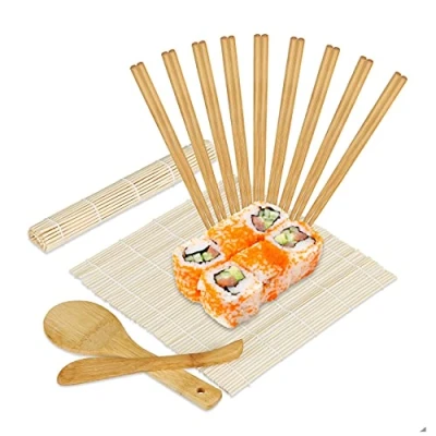 Afbeelding van Relaxdays sushi set bamboe matje eetstokjes rijstlepel sushiset hout