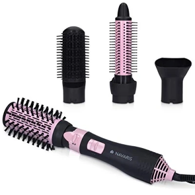 Afbeelding van Navaris hot air styling haarborstel Ronde warmeluchtborstel Met intrekbare borstelharen 4 opzetstukken Zwart/roze