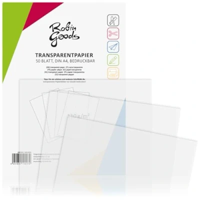 Afbeelding van Robin Goods® 50 vellen premium calqueerpapier DIN A4, 110g/m², super kwaliteit, bedrukbaar, kraftpapier, calqueerpapier, perkamentpapier, architectenpapier (50 transparant)