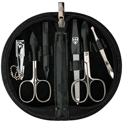 Afbeelding van DREI SCHWERTER Germany manicureset nagelset &#039;Pescara&#039; 6 delig nagelschaar, huidschaar, nagelknipper, saffier nagelvijl, nagelreiniger, pincet, kleur zwart echt leer