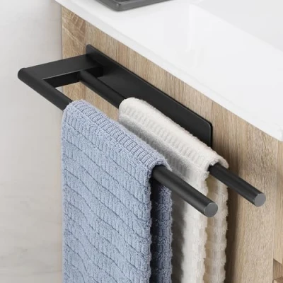 Afbeelding van OETAMS Handdoekhouder zonder boren, zwart, mat handdoekstang, badkamer roestvrij staal, badhanddoekhouder, zelfklevende handdoekhouder, dubbel, 39 cm
