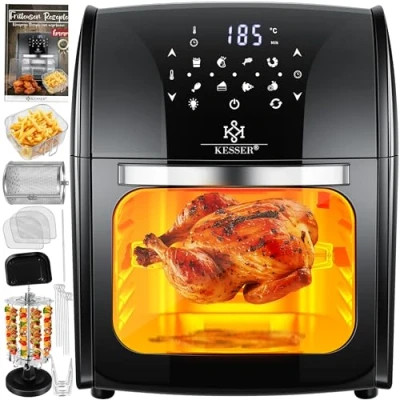 Afbeelding van KESSER® XXL Airfryer 9 in 1 heteluchtfriteuse, draaigrill, droogautomaat, receptenboekje, grillspies, 1800 watt, vetvrij grillen zonder olie, 8 programma&#039;s, incl. accessoires, zwart