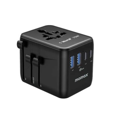 Afbeelding van MOMAX Universele reisadapter, 70 W GaN, 3 USB C, 2 A, AC aansluiting, PD3.0, snel opladen, compatibel met UK/USA/Australië, EU, Japan, Canada enz., zwart