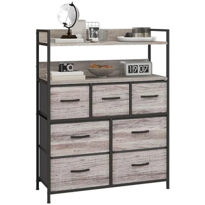 Afbeelding van HOMCOM commode voor slaapkamer, stoffen met 7 laden, opvouwbaar en afneembaar, open planken stalen structuur, woonkamer, hal, grijs