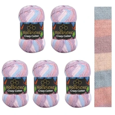 Afbeelding van Wollbiene Crazy Cotton Batik, 5 x 100 g, 500 gram met kleurverloop, 55% katoen, meerkleurig, breiwol, wol voor het hele jaar (7000 lichtblauw, roze lila)